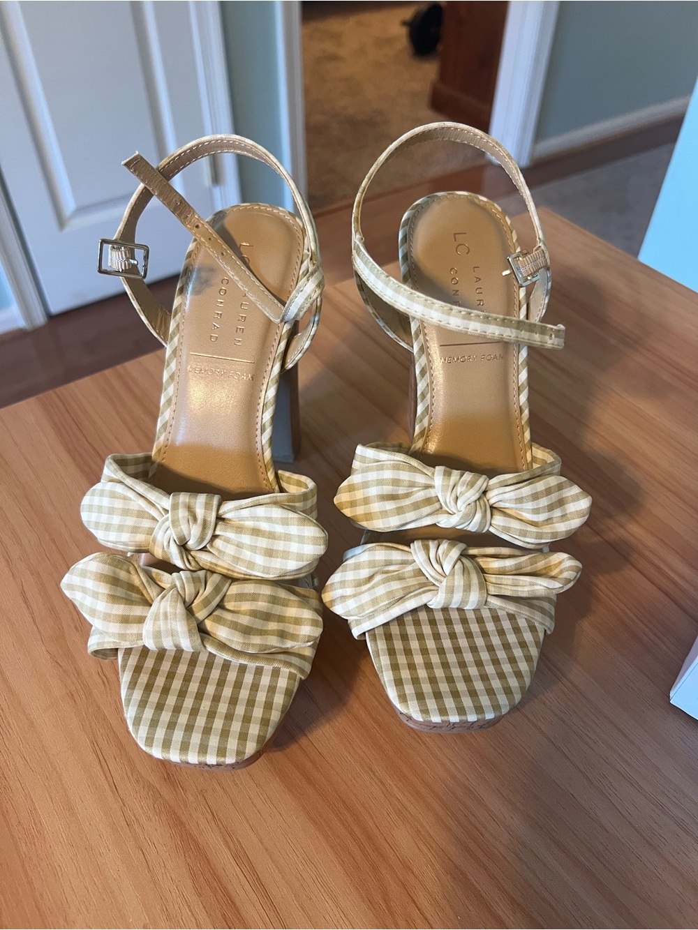 LC Lauren Conrad Cream and Yellow Gingham Bow Ankle-Strap Sandals